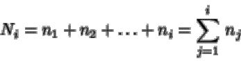 \begin{displaymath}N_i = n_1+ n_2 + \dots + n_i = \sum_{j=1}^i \, n_j
\end{displaymath}