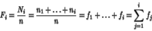 \begin{displaymath}F_i = \frac{N_i}{n} = \frac{n_1 + \dots + n_i}{n} = f_1 + \dots +f_i
= \sum_{j=1}^i \, f_j
\end{displaymath}