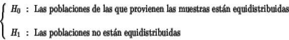 \begin{displaymath}\left\{
\begin{array}{l}
H_0 \:\: :\:\: \mbox{Las poblaciones...
...{Las poblaciones no estn equidistribuidas}
\end{array}\right.
\end{displaymath}